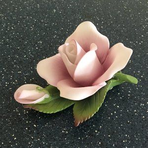 Andrea by Sadek Porcelain Dusty Rose flower with bud and green leaves